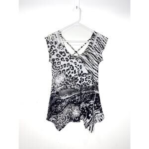 Vintage Black White Multi Animla Print Ruffled Flowy Long Top Y2k, 90s Grudge,Wh